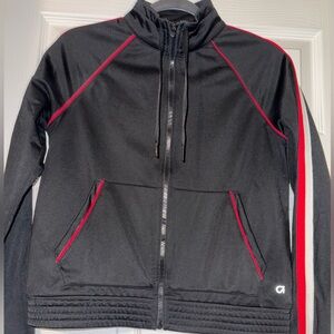 GapFit Black Zip-Up Athletic Jacket with Red & White Stripe